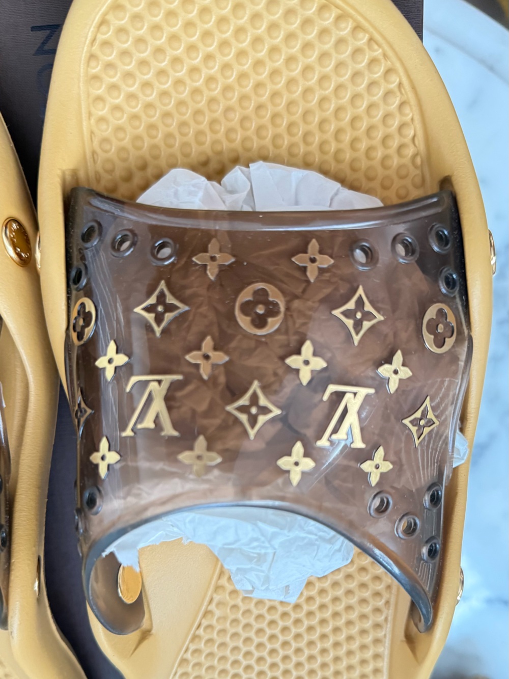 Louis Vuitton Monogram Slide Sandals in Brown & Tan - Picture 5 of 6